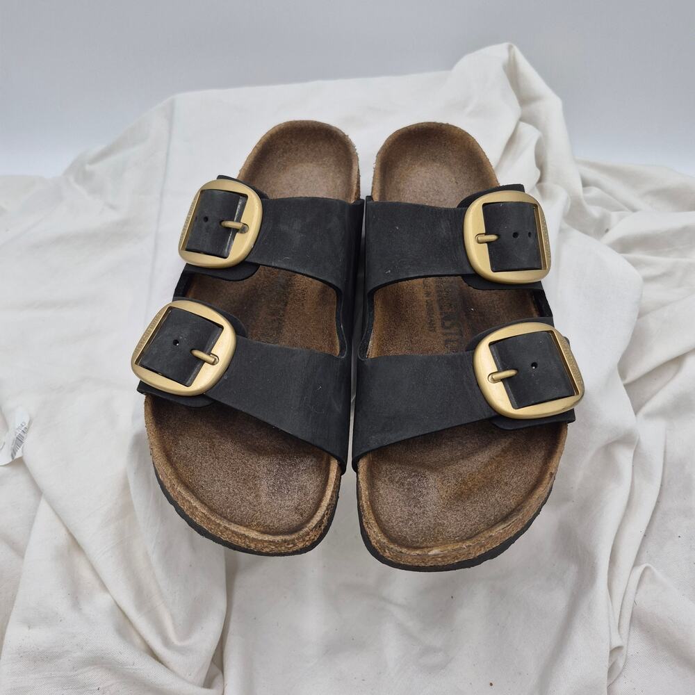 BIRKENSTOCK ARIZONA BIG BUCKLE BLACK LEATHER WOMEN SANDALS EU 38 US 7-7.5